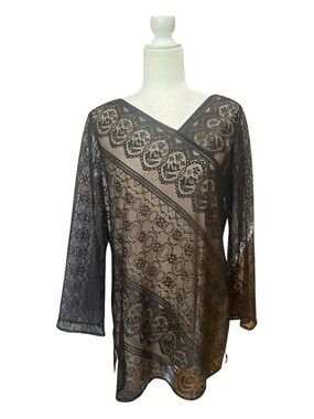 Victor Costa Occasions Womens Black Sheer Lace Tunic Blouse Formal
